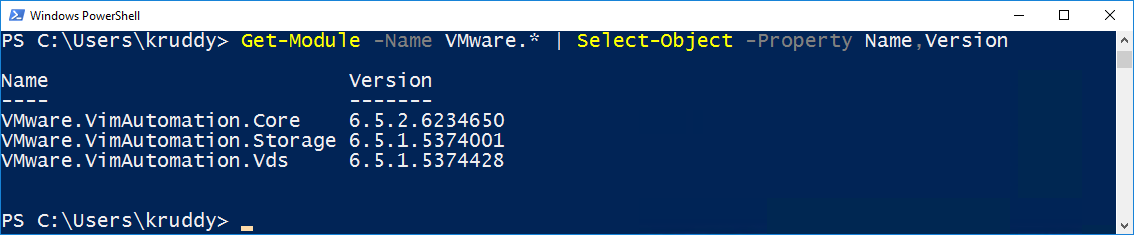 Example: Obtaining the version of active PowerCLI modules