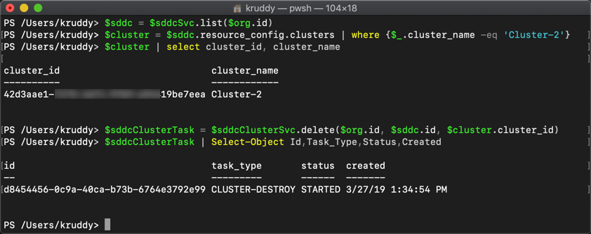 Example: Deleting a cluster from an SDDC