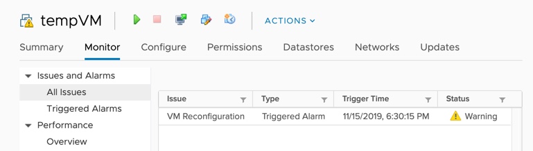 Example: Alarm as viewed in the vSphere Client