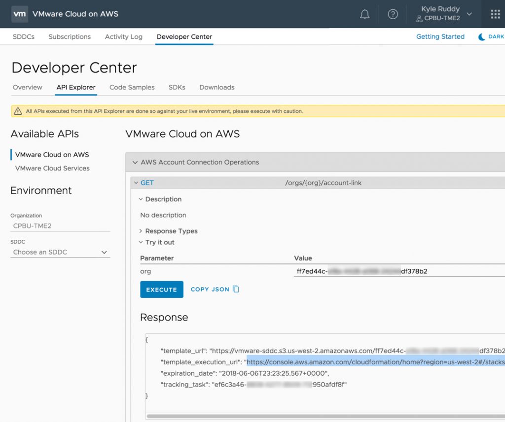 VMWonAWS - Account Linking API Usage