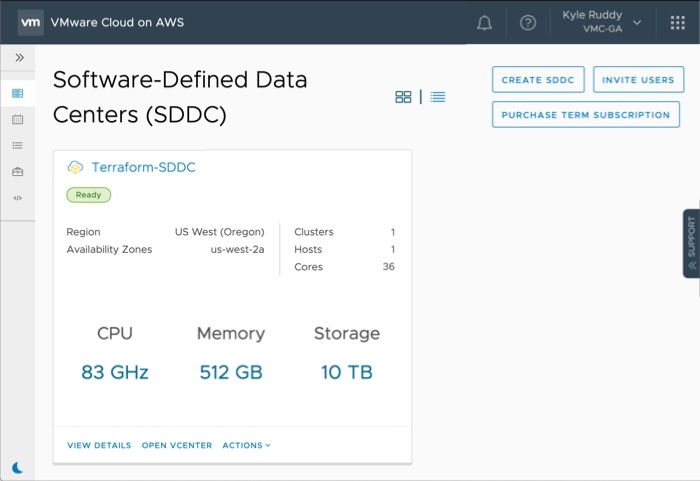 Sample: A look at the cloud console after the SDDC has been deployed
