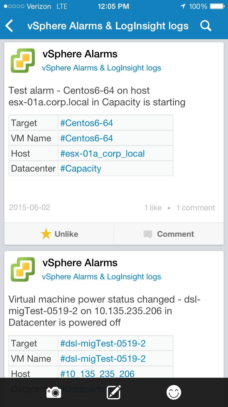 Figure 2: vCenter Server alerts surfaced in Socialcast mobile application