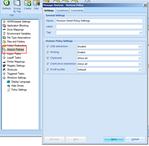 Screen Capture of a Horizon Smart Policy Settings page