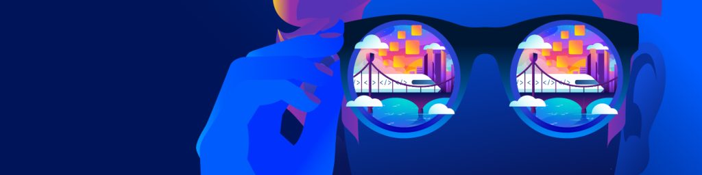 Decorative Banner for VMware Explore with Person wearing sunglasses. Lenses have scene of a metro cityscape.