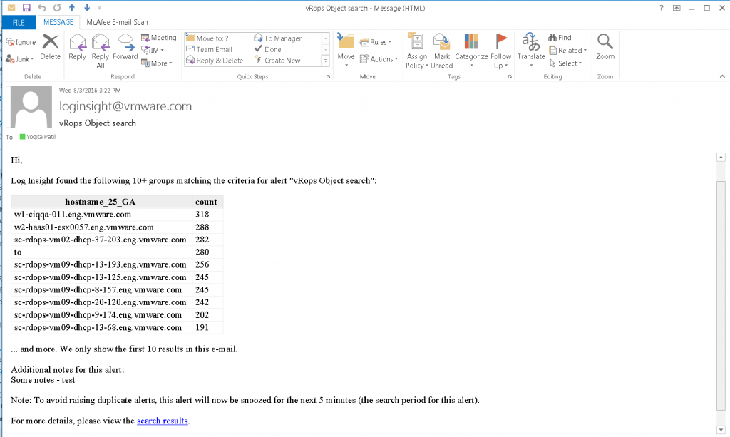 Alert email from vRealize Log Insight v3.6