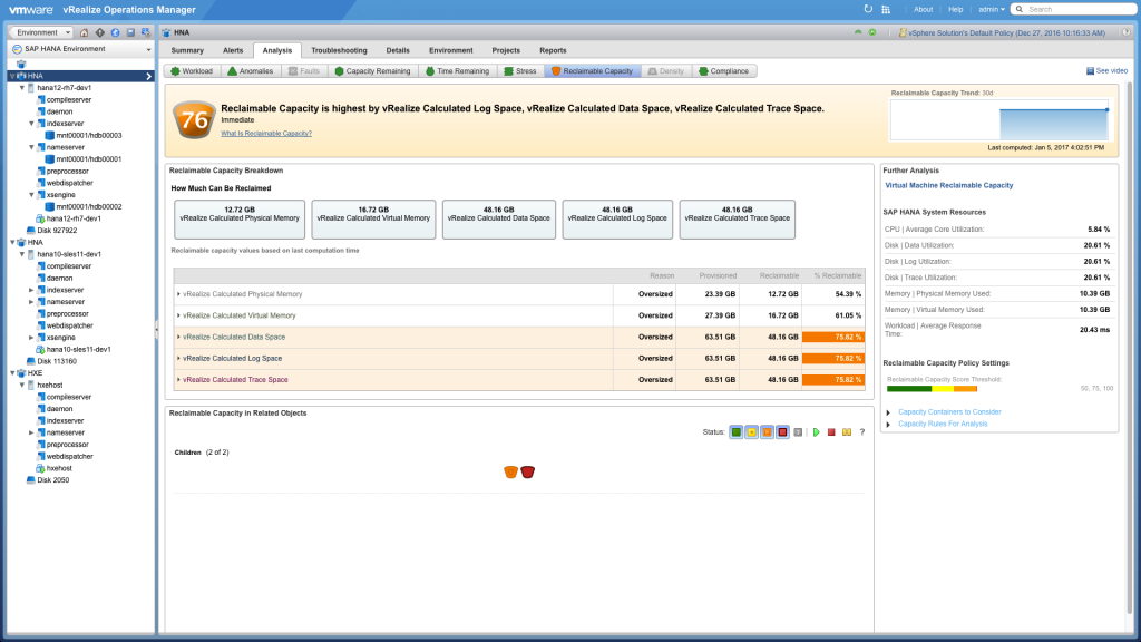 Analysis badge from the SAP HANA Management Pack from Blue Medora