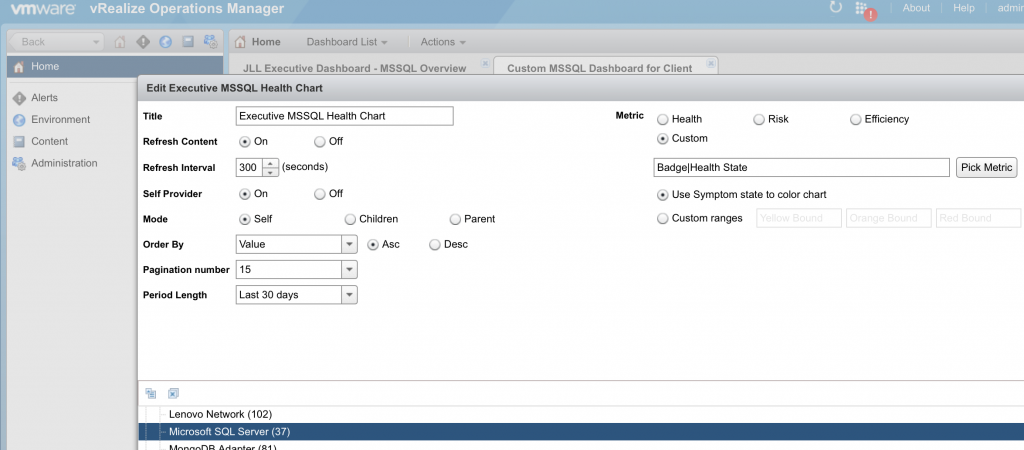 dashboard health chart configuration