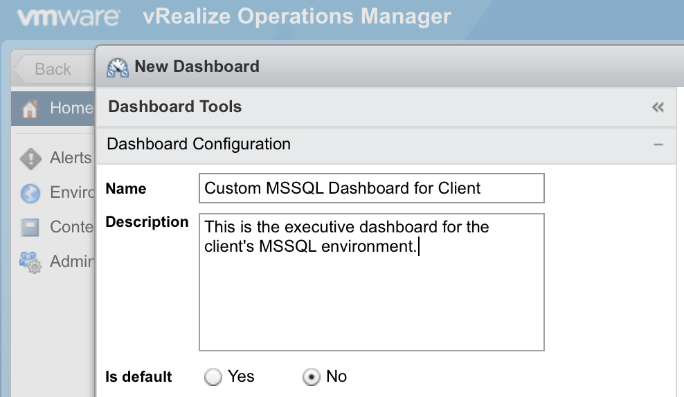 new dashboard configuration