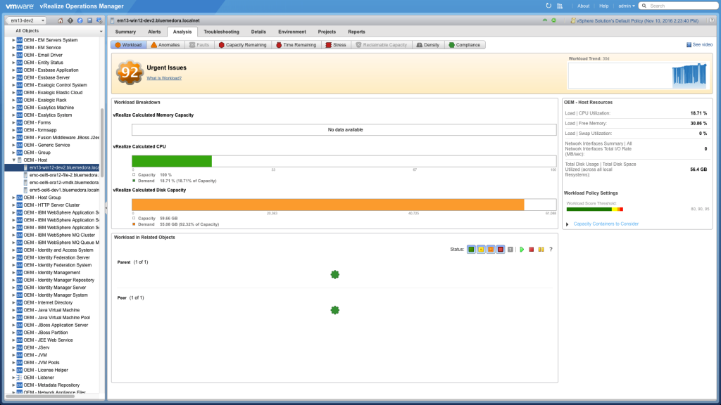 Example of a capacity analysis badge in Blue Medora’s Oracle Enterprise Manager Management Pack for vRealize Operations