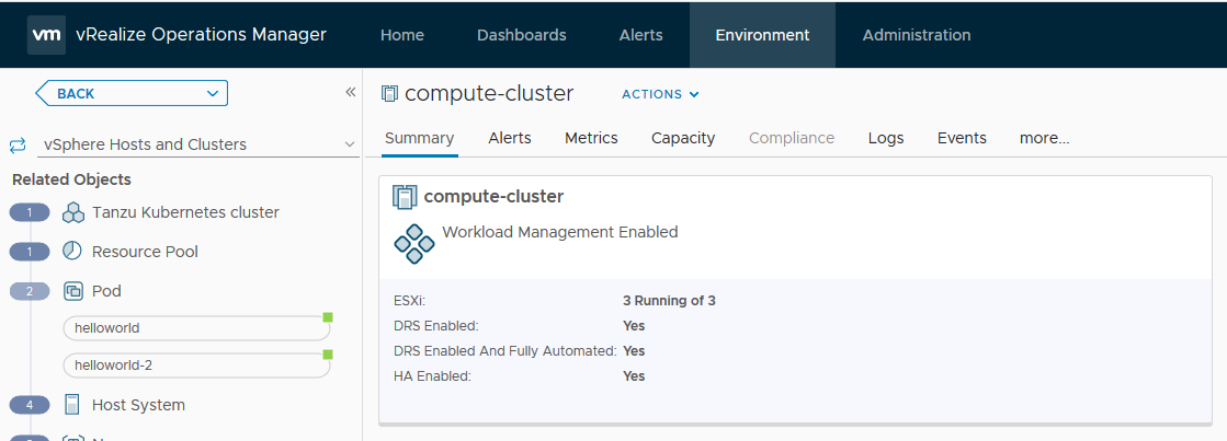 A vSphere 7 cluster with Workload Management enabled in vRealize Operations 8.1