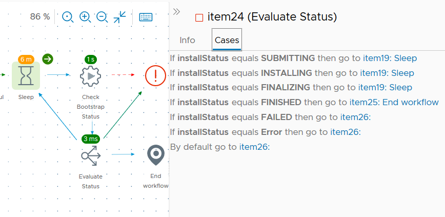 Using the switch element in vRealize Orchestrator to monitor the state of the bootstrap and route the workflow appropriately.