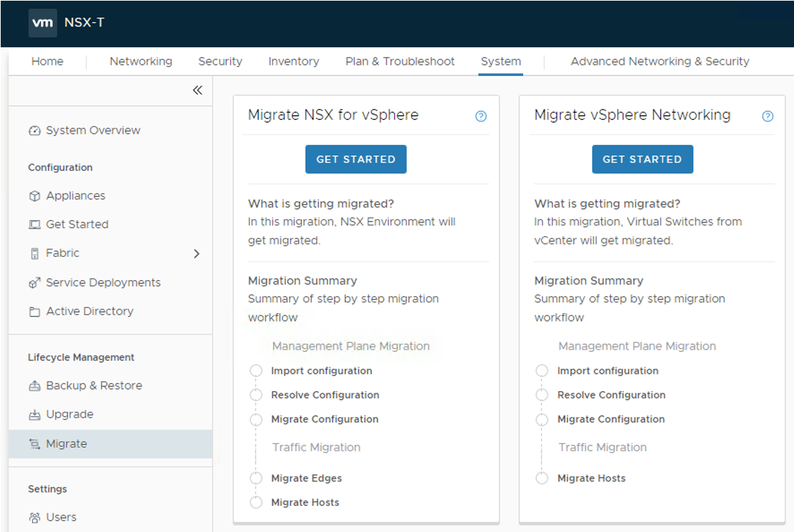 Service Migration Coordinator GUI in NSX Manager