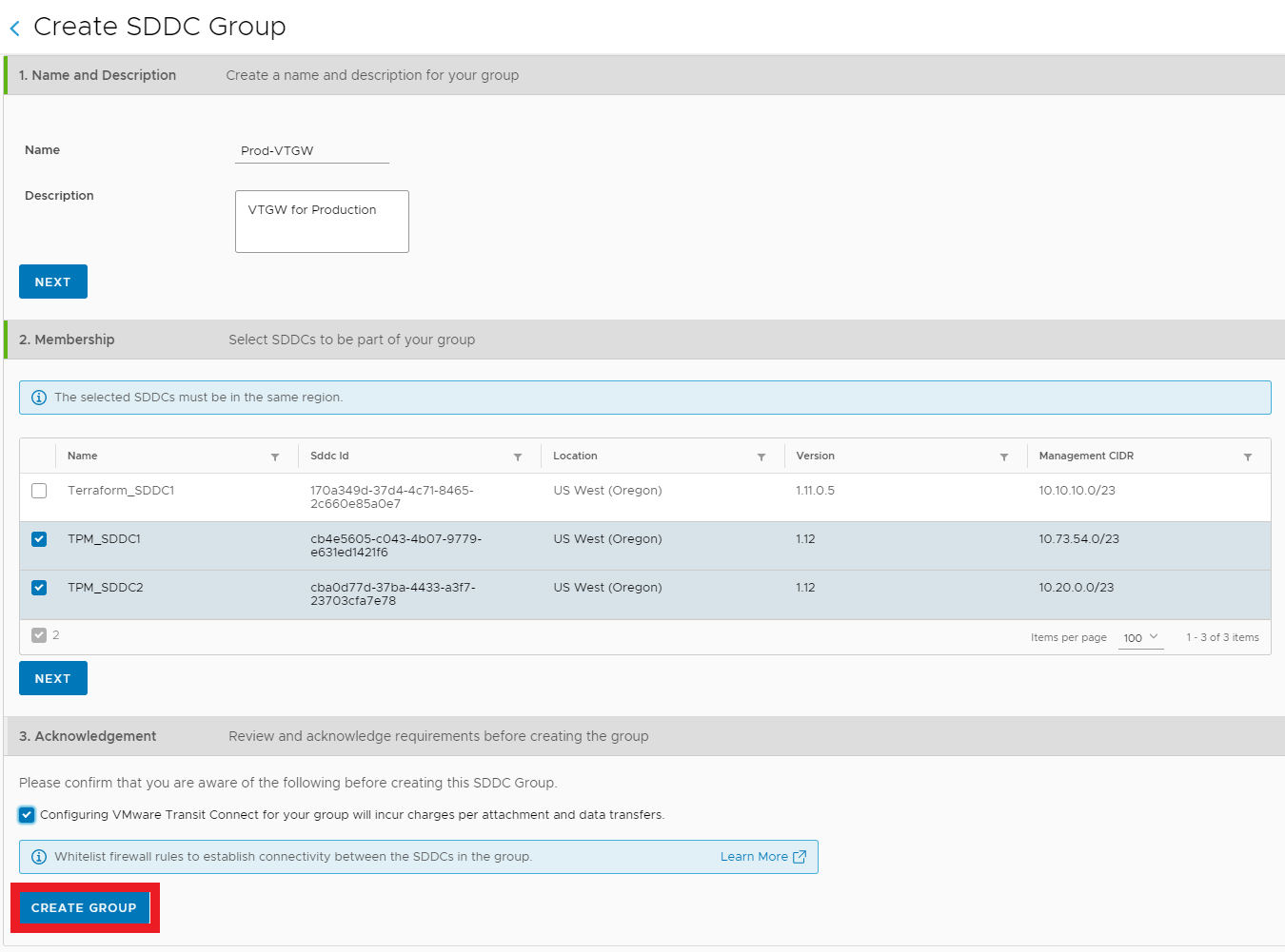 Create Name, Description and Members for SDDC