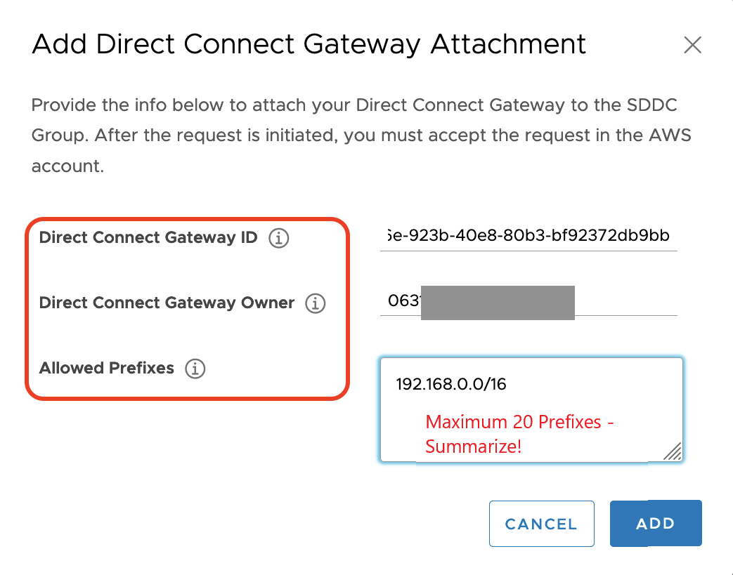 Attach Your Direct Connect Gateway to the SDDC Group