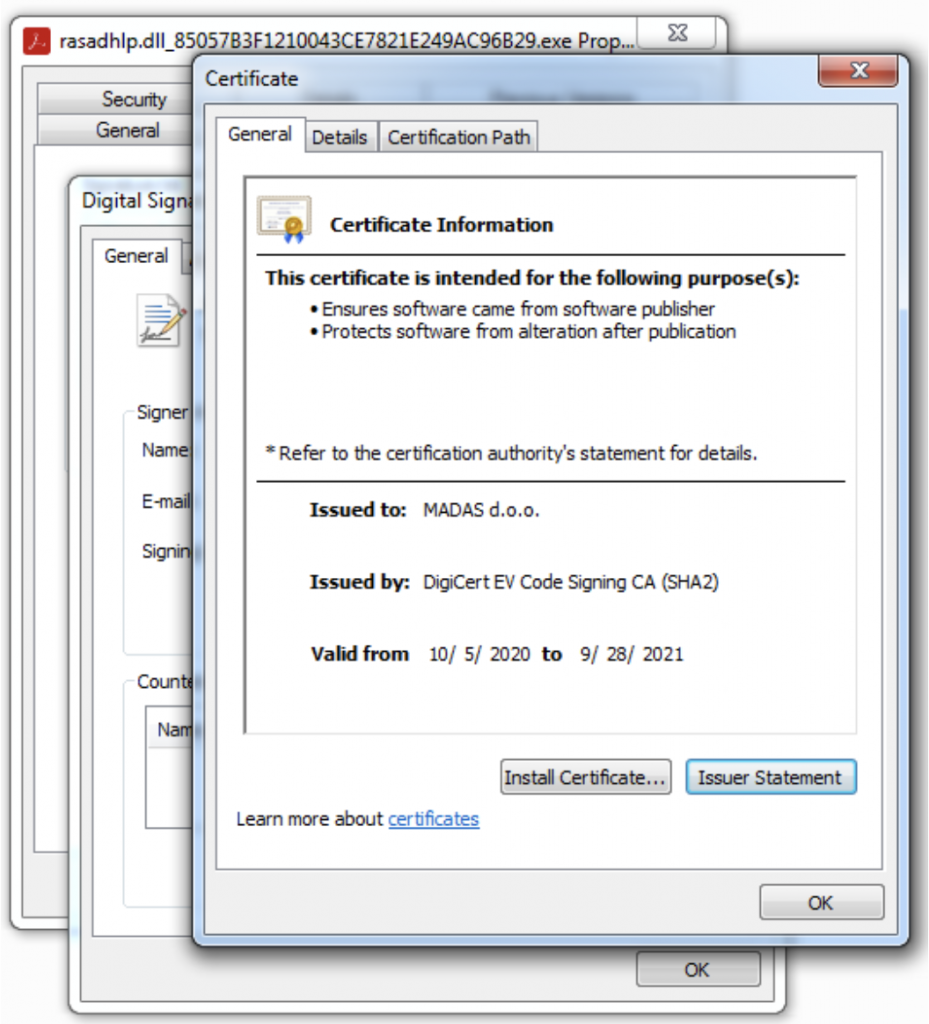Ryuk Ransomware rasdhlp.dll Certificate