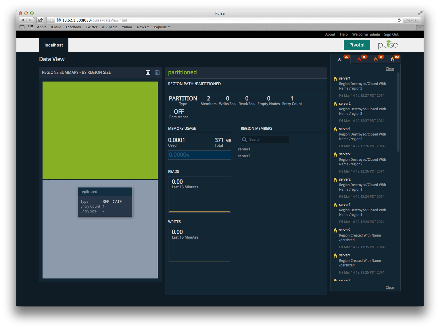 Pulse displaying regions on a server