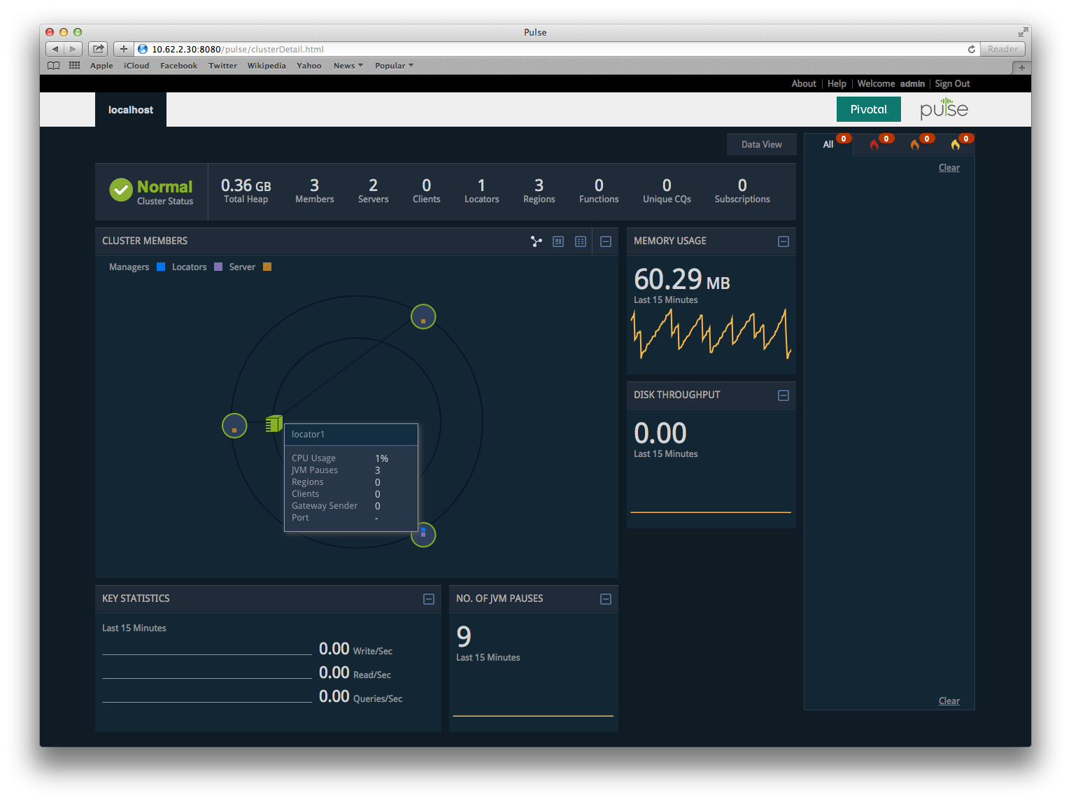 Pulse dashboard showing locators and servers