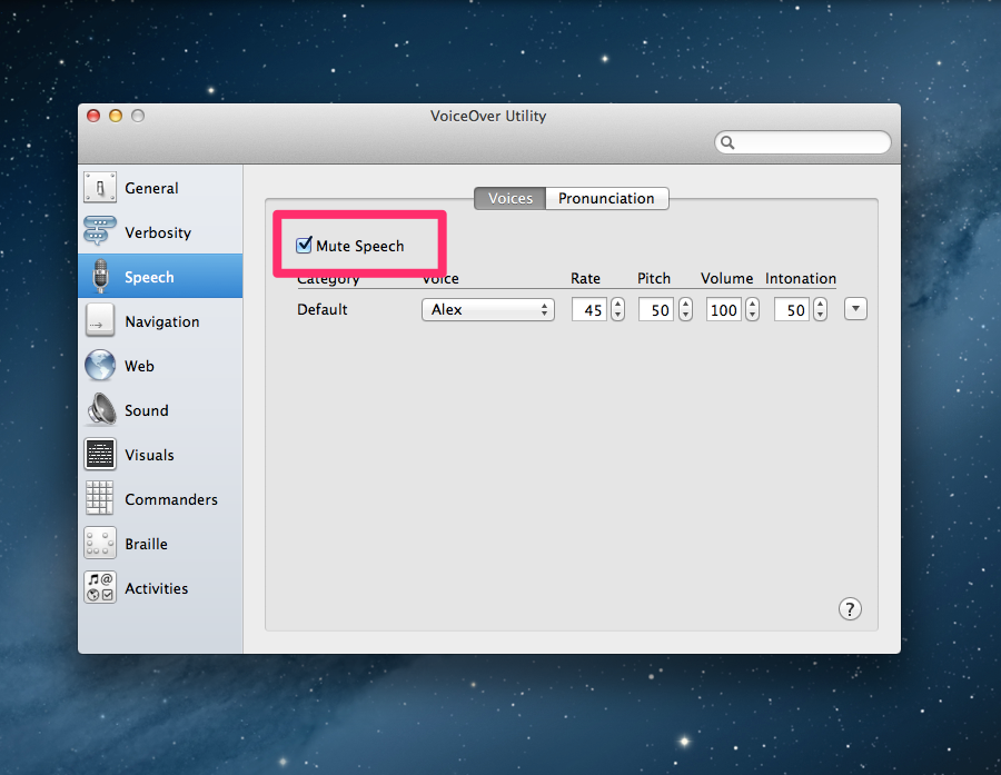 Screenshot of VoiceOver Utility: check "Mute Speech"
