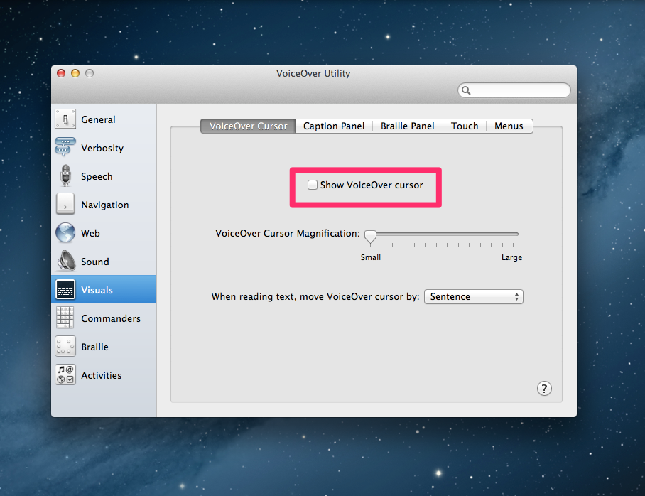 Screenshot of VoiceOver Utility Visuals > Cursor panel: disable cursor