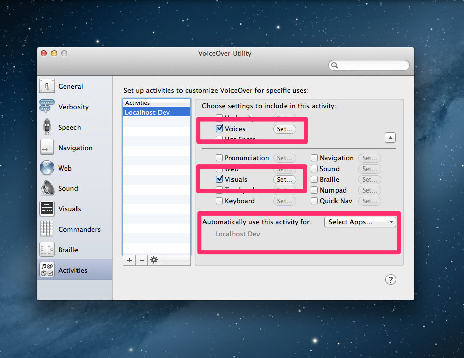 Screenshot of VoiceOver Utility Activities Pane: reenable settings for specific app