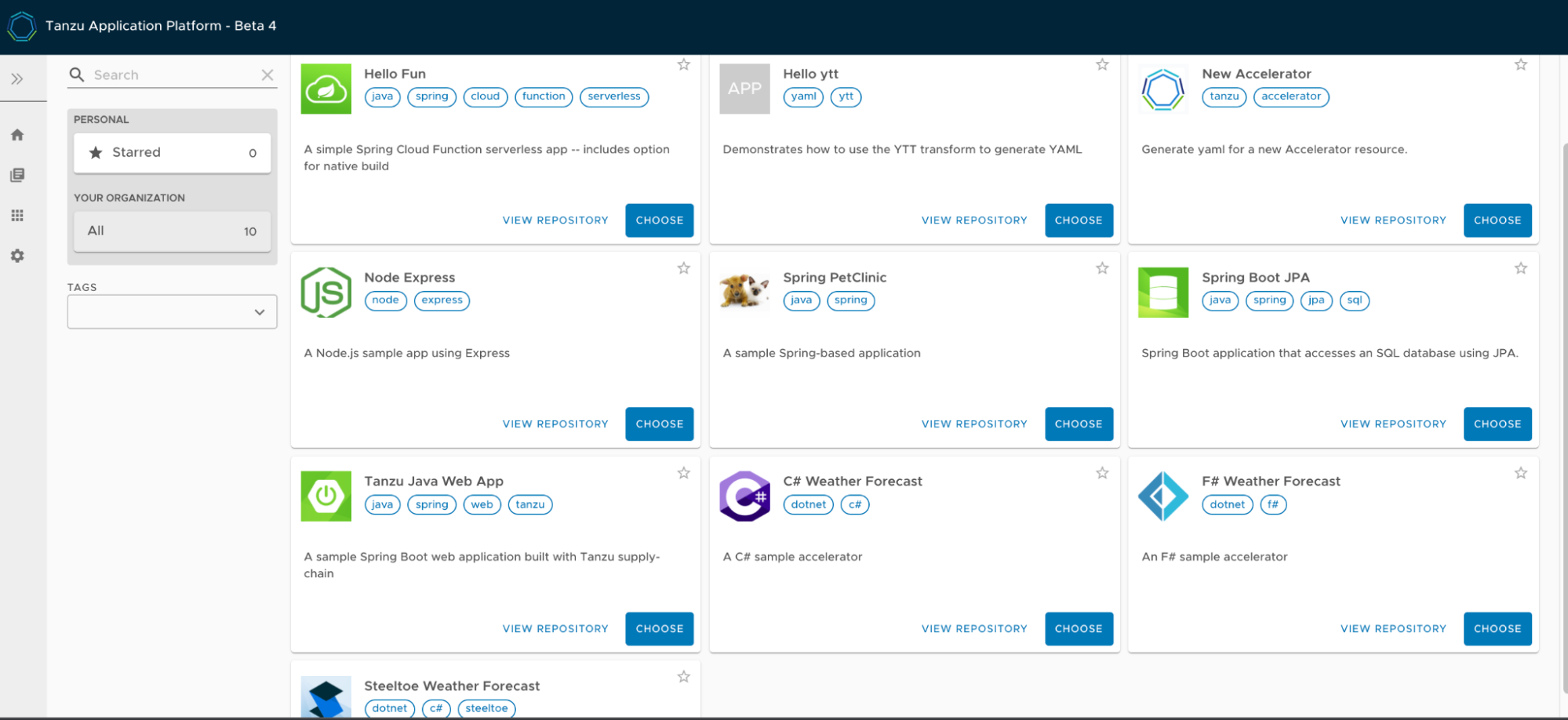 The App Accelerator GUI as displayed in Tanzu Application Platform Beta 4