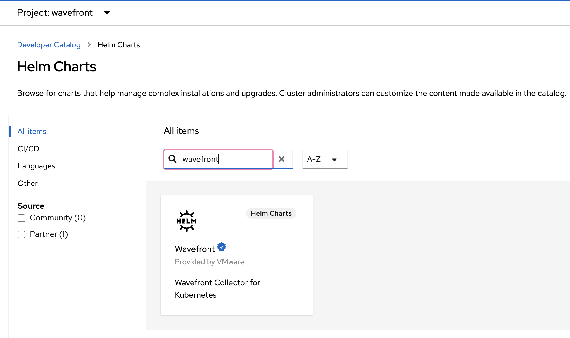 Screenshot showing how to search for Wavefront Helm Chart