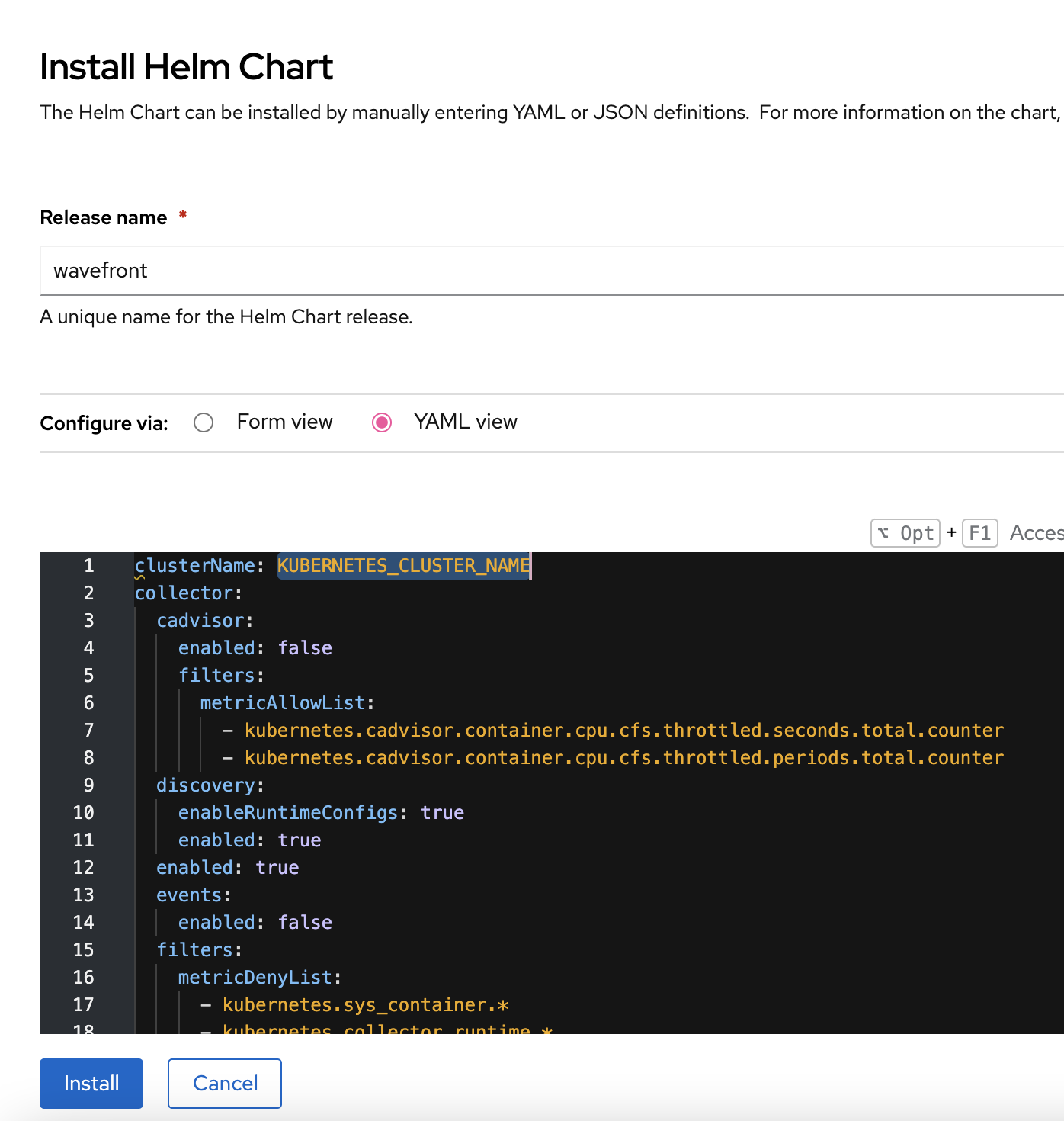 Screenshot showing how to install Wavefront Helm Chart