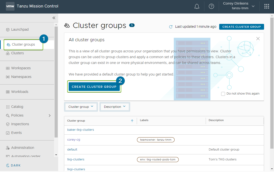 Screenshot showing how to create a cluster group in Tanzu Mission Control