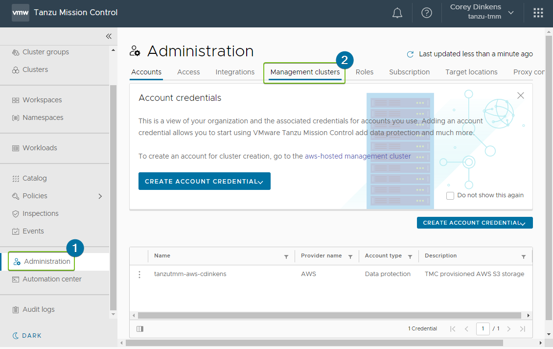 Screenshot showing how to create a registration link for a supervisor cluster in Tanzu Mission Control