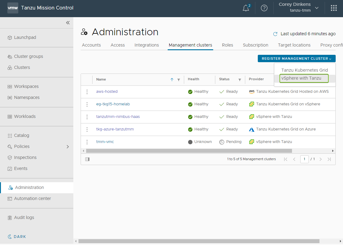 Screenshot showing how to register a management cluster in Tanzu Mission Control