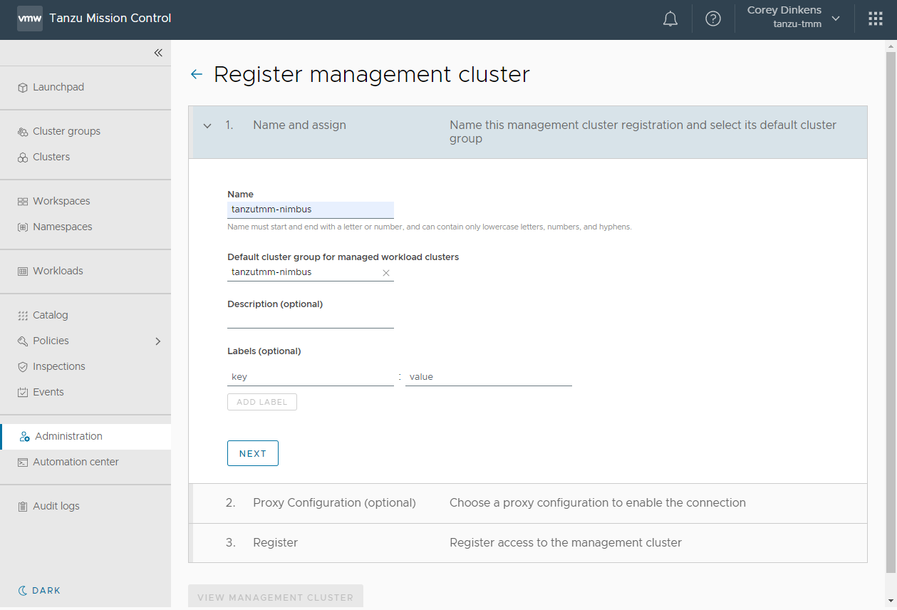 Screenshot showing how to select a cluster group in Tanzu Mission Control