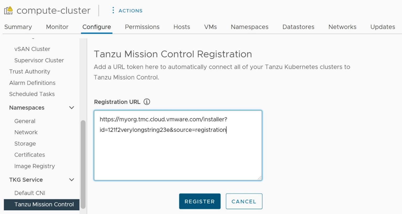 Screenshot showing how to register a cluster in Tanzu Mission Control