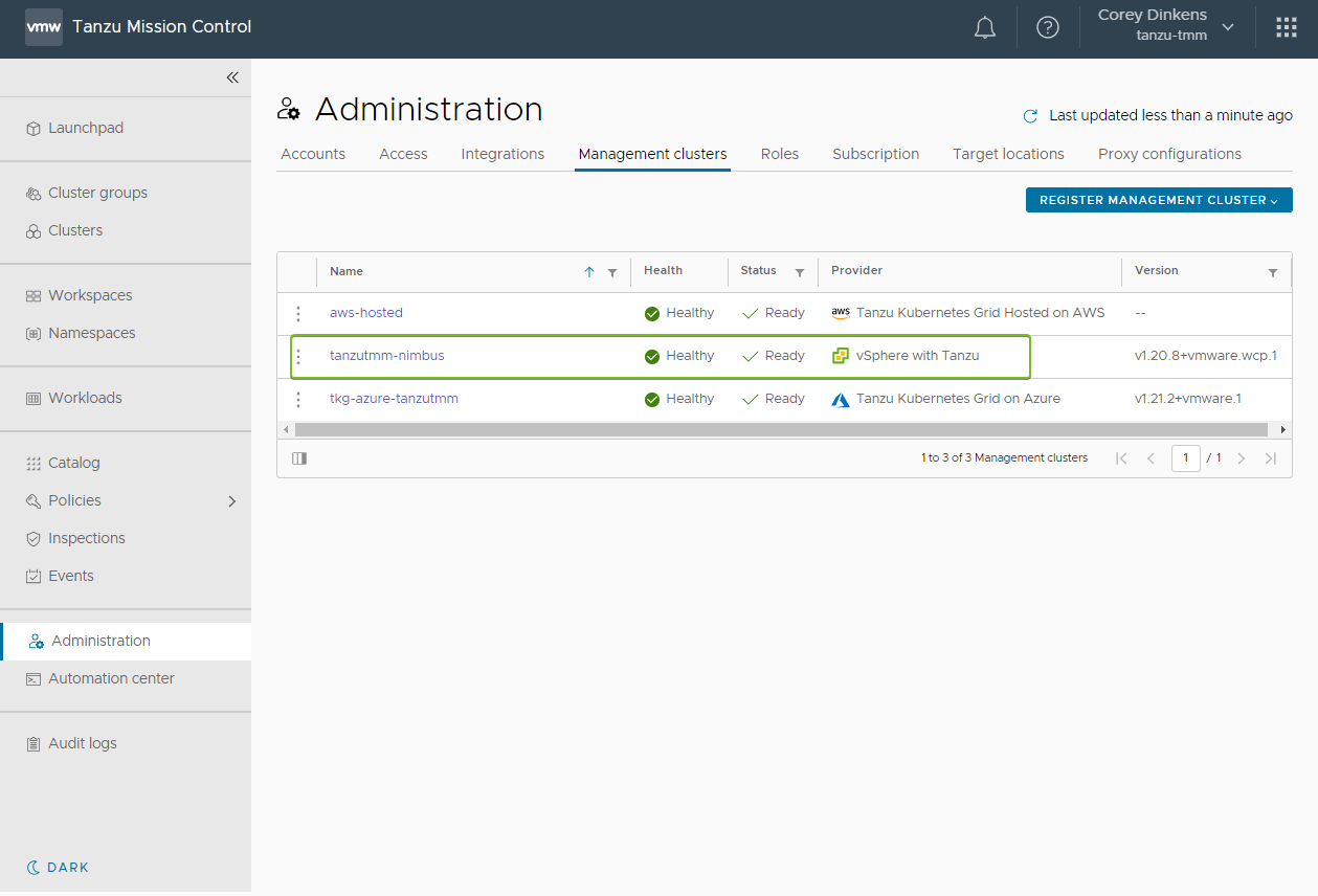 Screenshot showing how to verify that a new cluster appears in Tanzu Mission Control