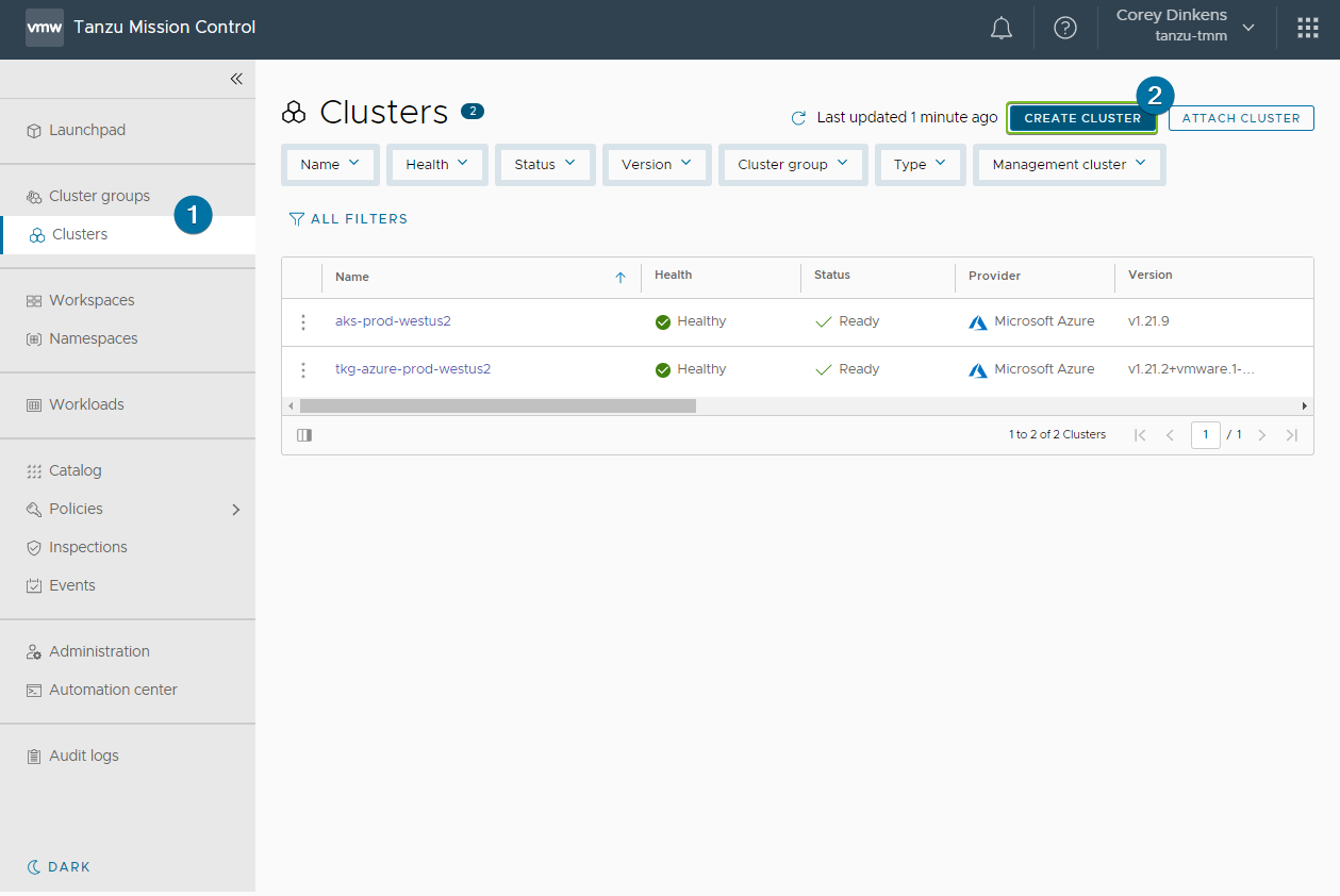 Screenshot showing how to create a cluster in Tanzu Mission Control