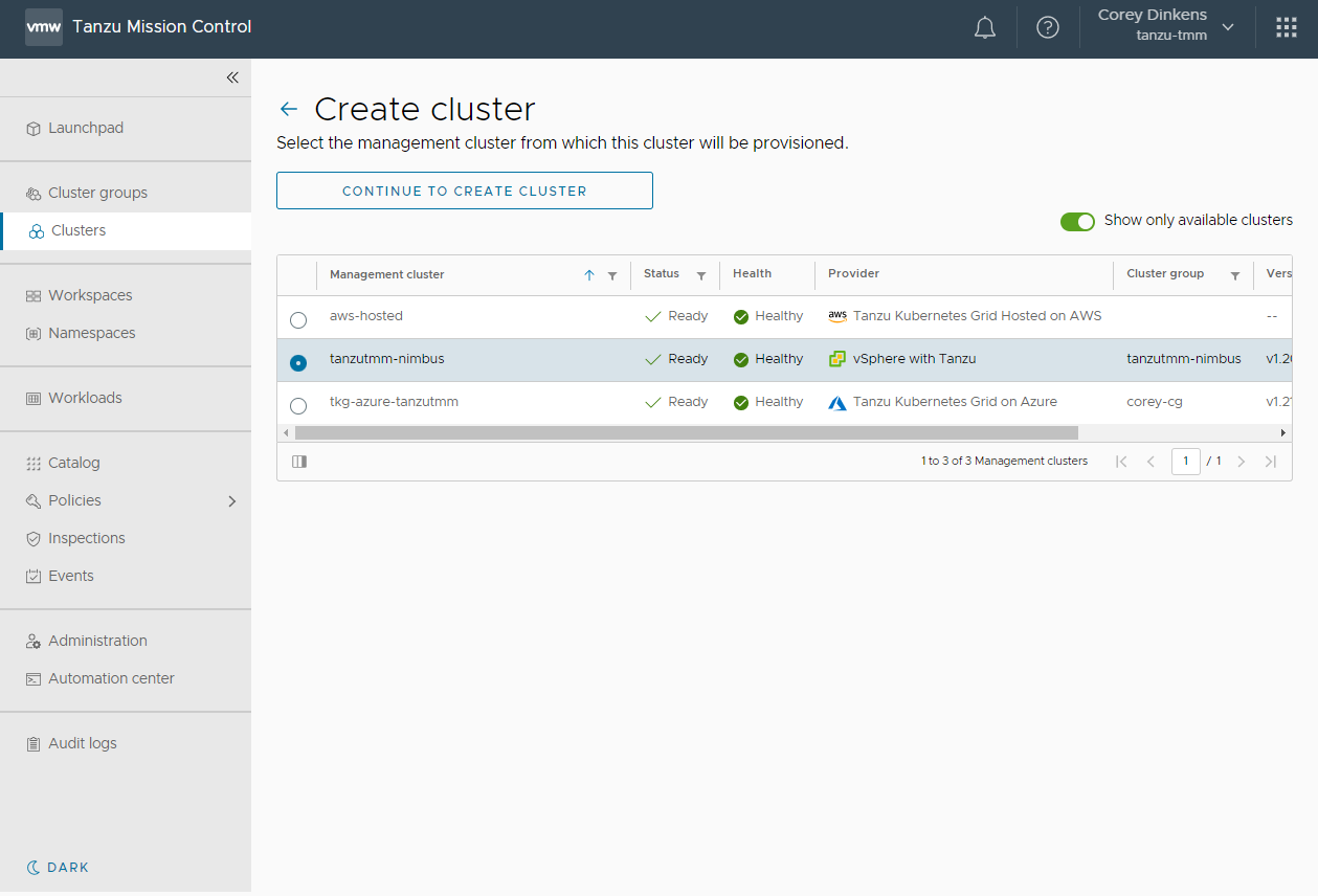 Screenshot showing how to select a management cluster in Tanzu Mission Control