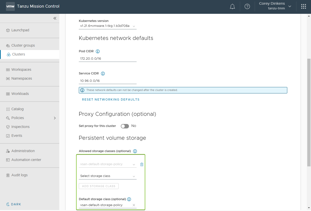 Screenshot showing how to confirm the desired storage class