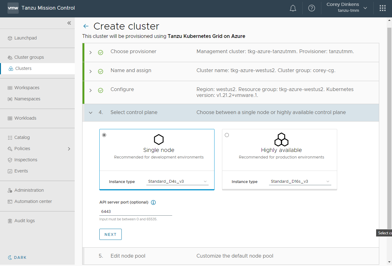 Screenshot showing how to select a deployment plan in Tanzu Mission Control