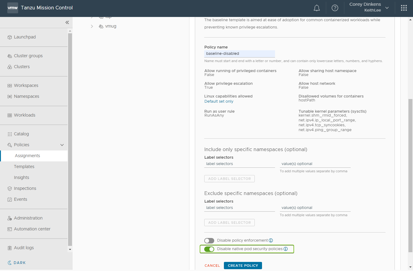 Screenshot showing how to name a new security policy in Tanzu Mission Control