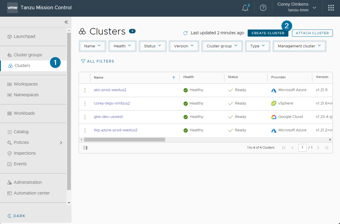 Screenshot showing how to create a cluster in Tanzu Mission Control