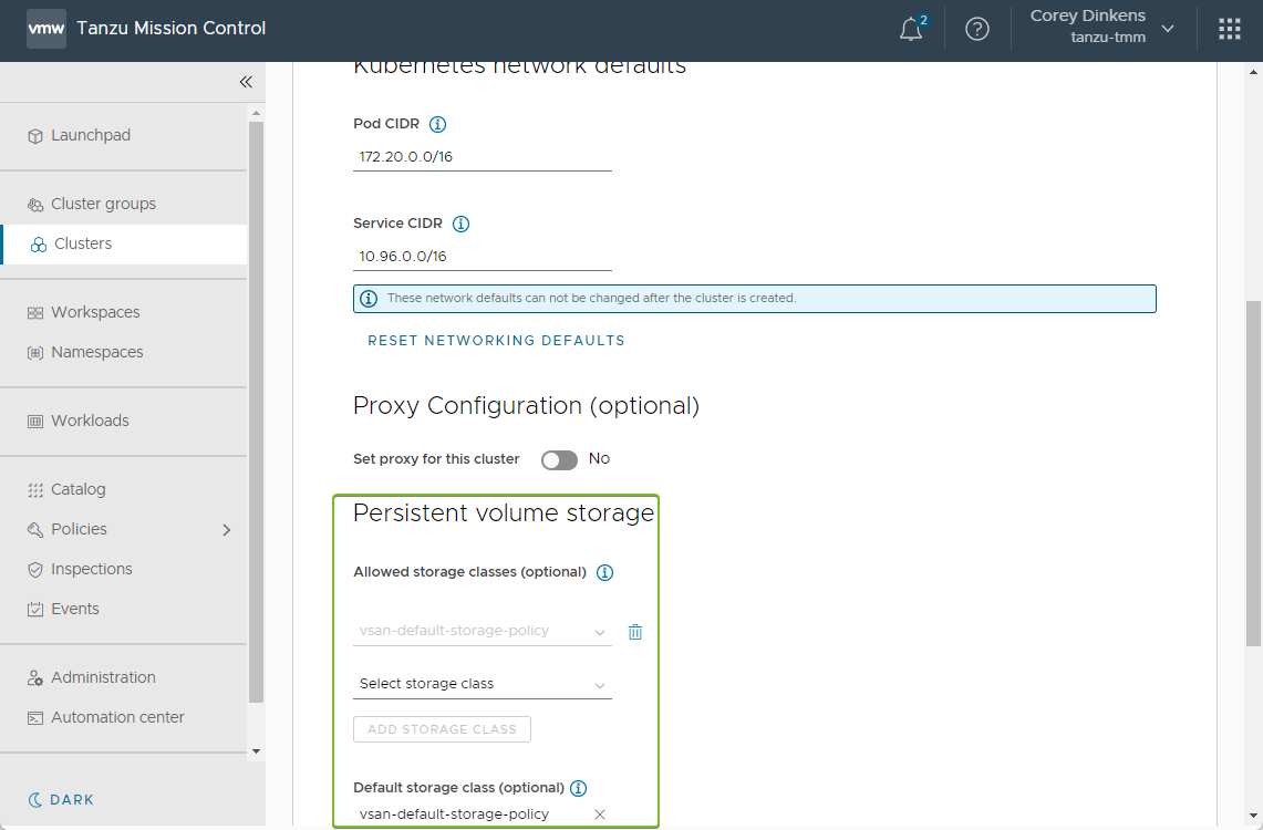 Screenshot showing how to configure a cluster version and network settings in Tanzu Mission Control