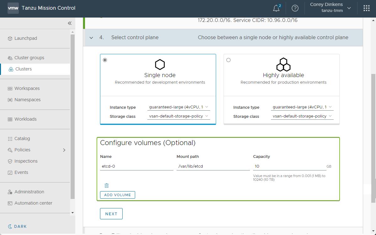 Screenshot showing how to set a deployment type in Tanzu Mission Control