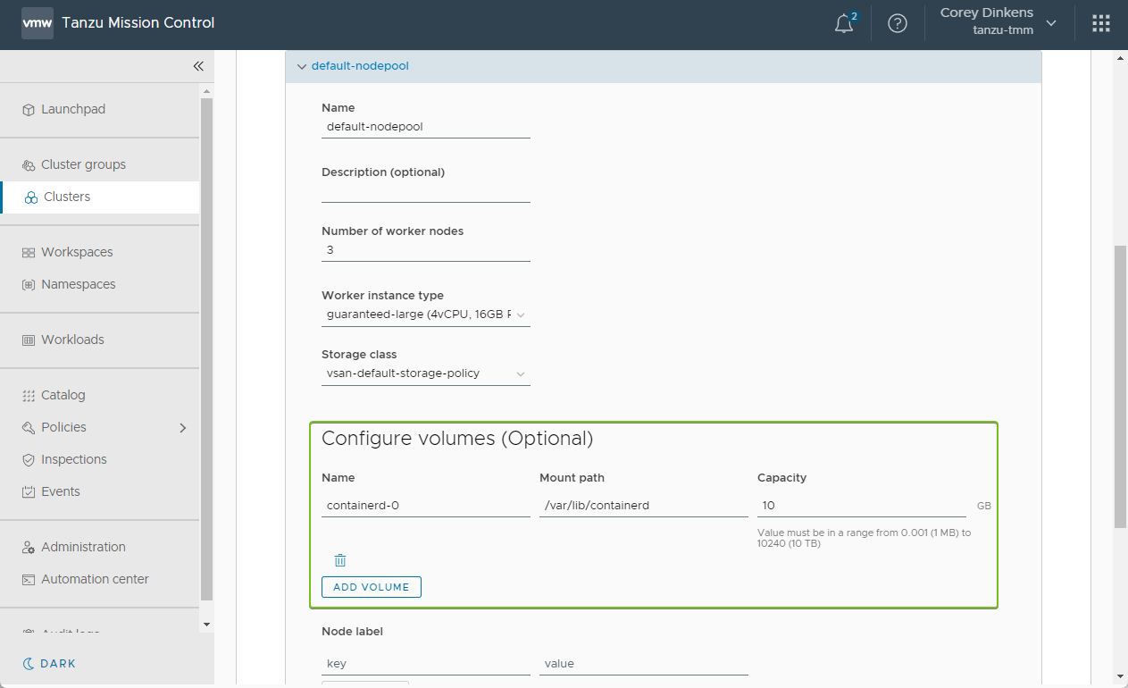 Screenshot showing how to make optional volume configurations in Tanzu Mission Control