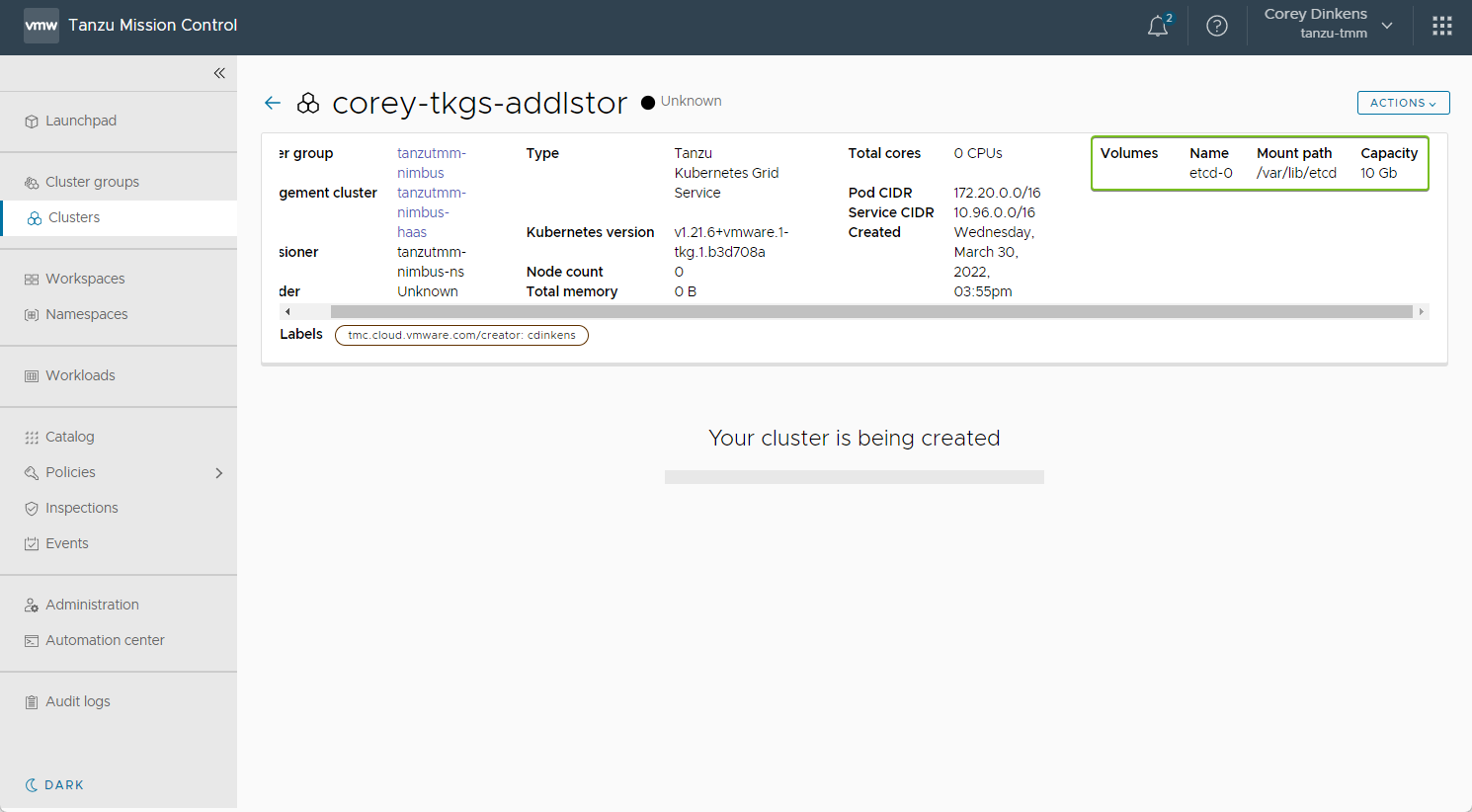 Screenshot showing how to confirm new cluster configurations in Tanzu Mission Control