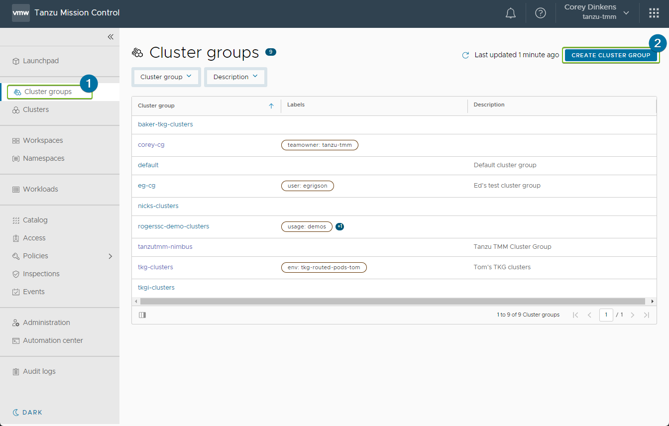 Screenshot showing how to create a cluster group in Tanzu Mission Control