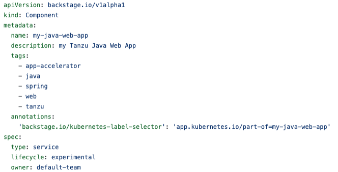 Sample YAML defining a Backstage component