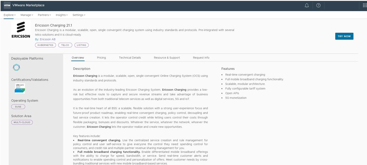 Screenshot of Ericsson Charging appearing in VMware Marketplace