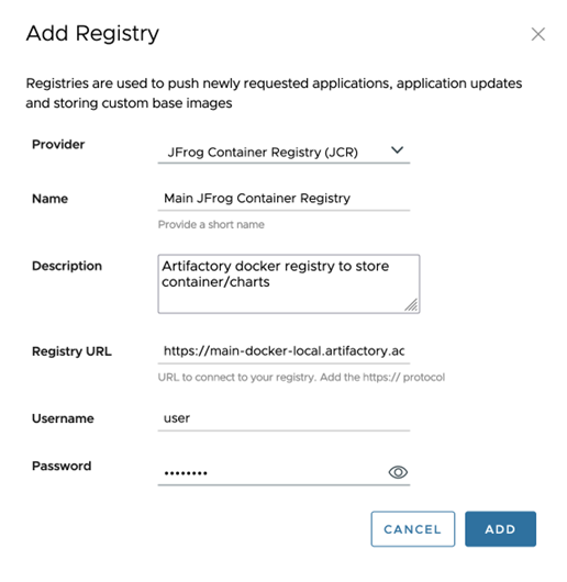 Screenshot showing how to add a JFrog Container Registry to VMware Application Catalog