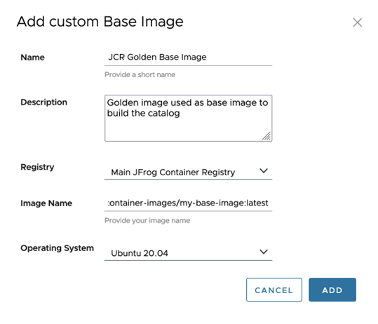 Screenshot showing how to add a custom base image hosted in JFrog Container Registry to VMware Application Catalog