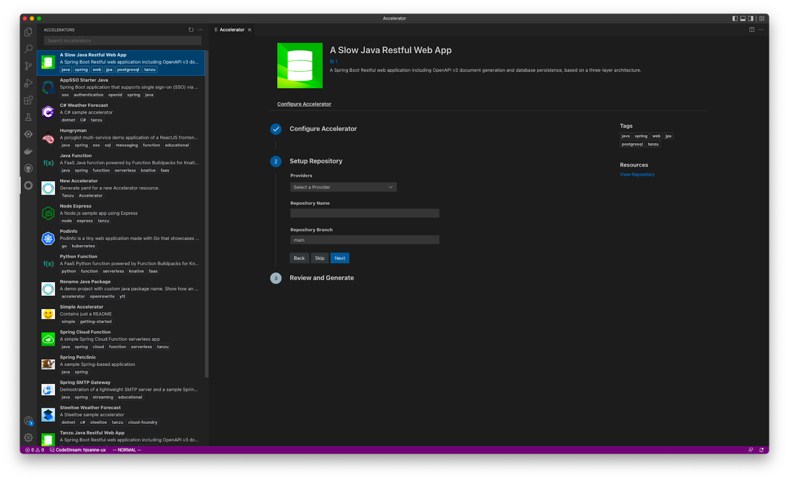 Screenshot showing an app accelerator integrated in Visual Studio Code 