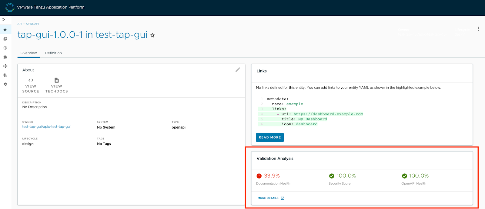 Screenshot of API scoring in Tanzu Application Platform 1.4